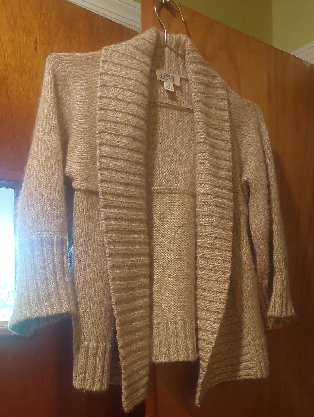 LOFT Tan/Cream Open-Front Ribbed Shawl Collar Cardigan